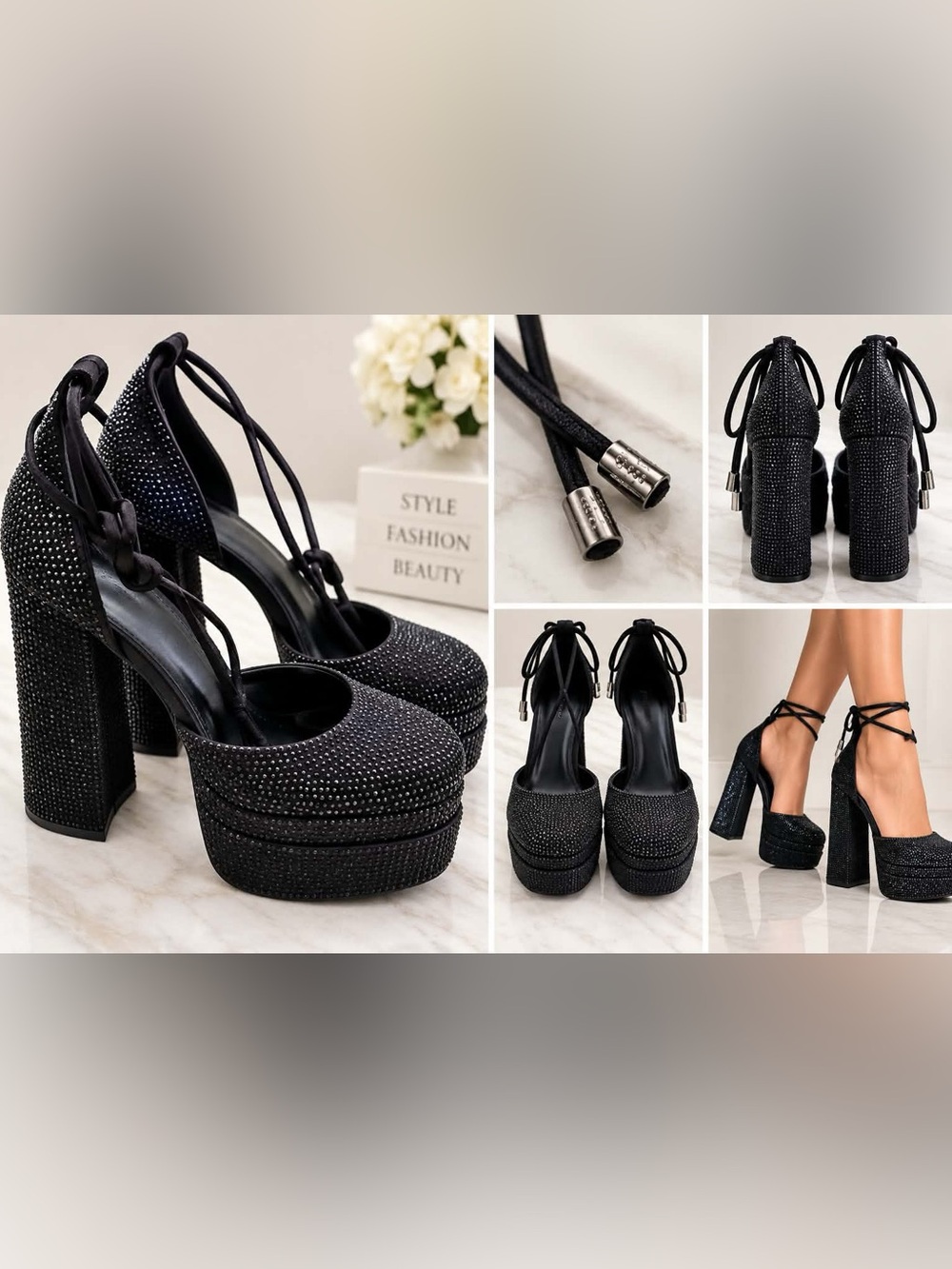 Women’s Size 8 Black Rhinestone Platform Block Heel Ankle Tie Pumps